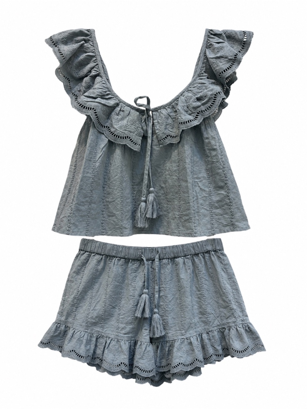 Shabby Chic Embroidered Cotton Pajama Set Light Blue Cotton Lounge Set 🌸 2pc